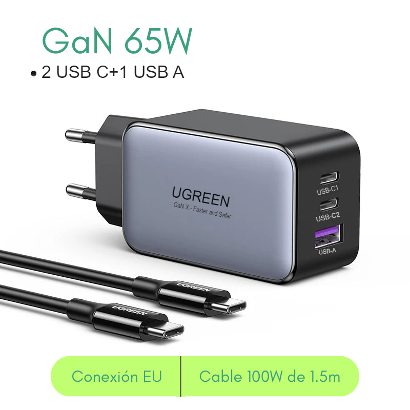 Cargador UGREEN 65W Carg Rápida Type-C USB