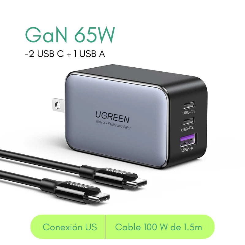 Cargador UGREEN 65W Carg Rápida Type-C USB