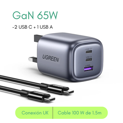 Cargador UGREEN 65W Carg Rápida Type-C USB